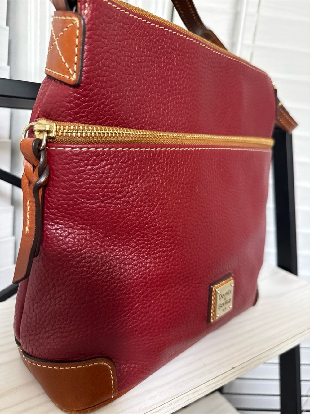 Dooney & Bourke Red Pebble Leather Shoulder Bag with Brown Trim - Picture 4 of 16